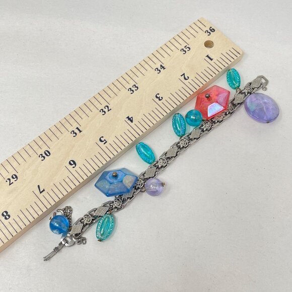 Vintage Bead Charm Bracelet Iridescent Blue Purple Dangle Fun Girly Retro - Picture 6 of 10